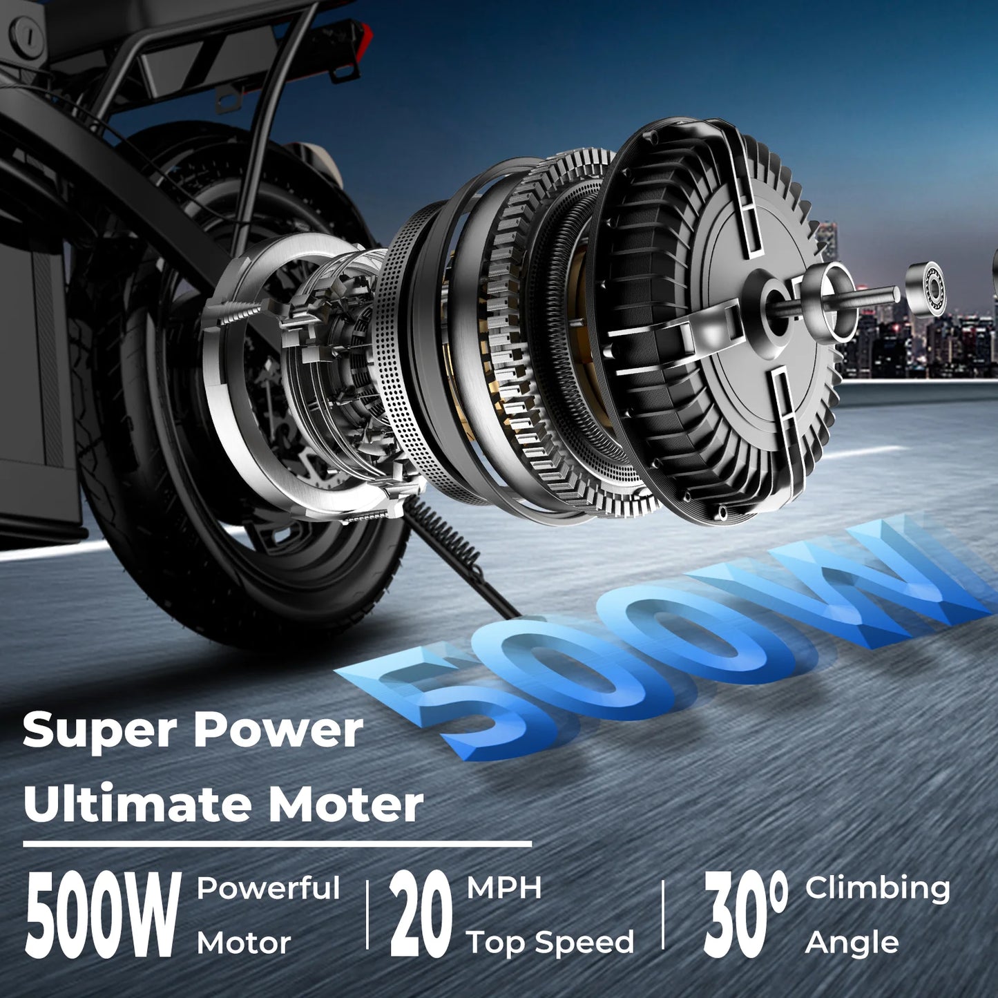 Folding electric bike with a powerful 500W motor, showcasing its super power and climbing angle performance.
