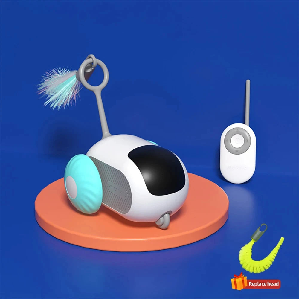 Automatic Rolling Smart Cat Toy Car on a display, featuring a colorful design and remote control for interactive play.