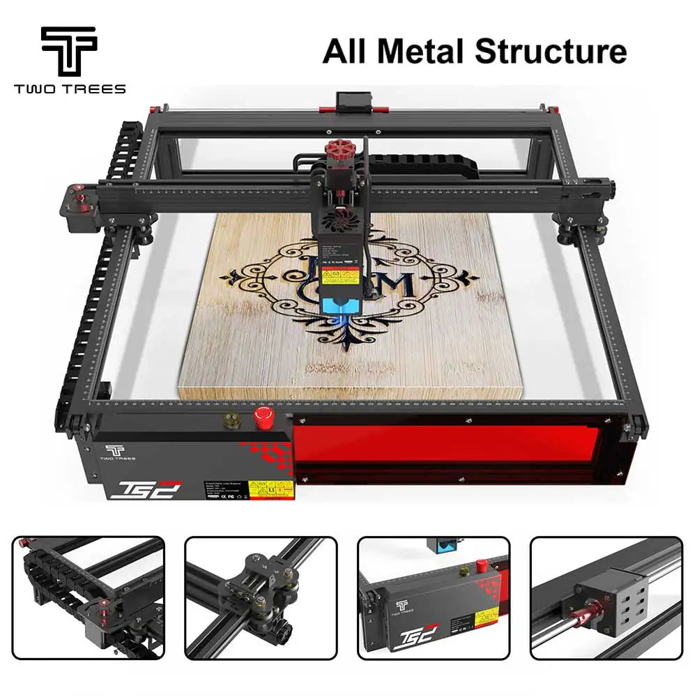 TS2 20W Laser Engraver showing all metal structure with a detailed engraving on wood.