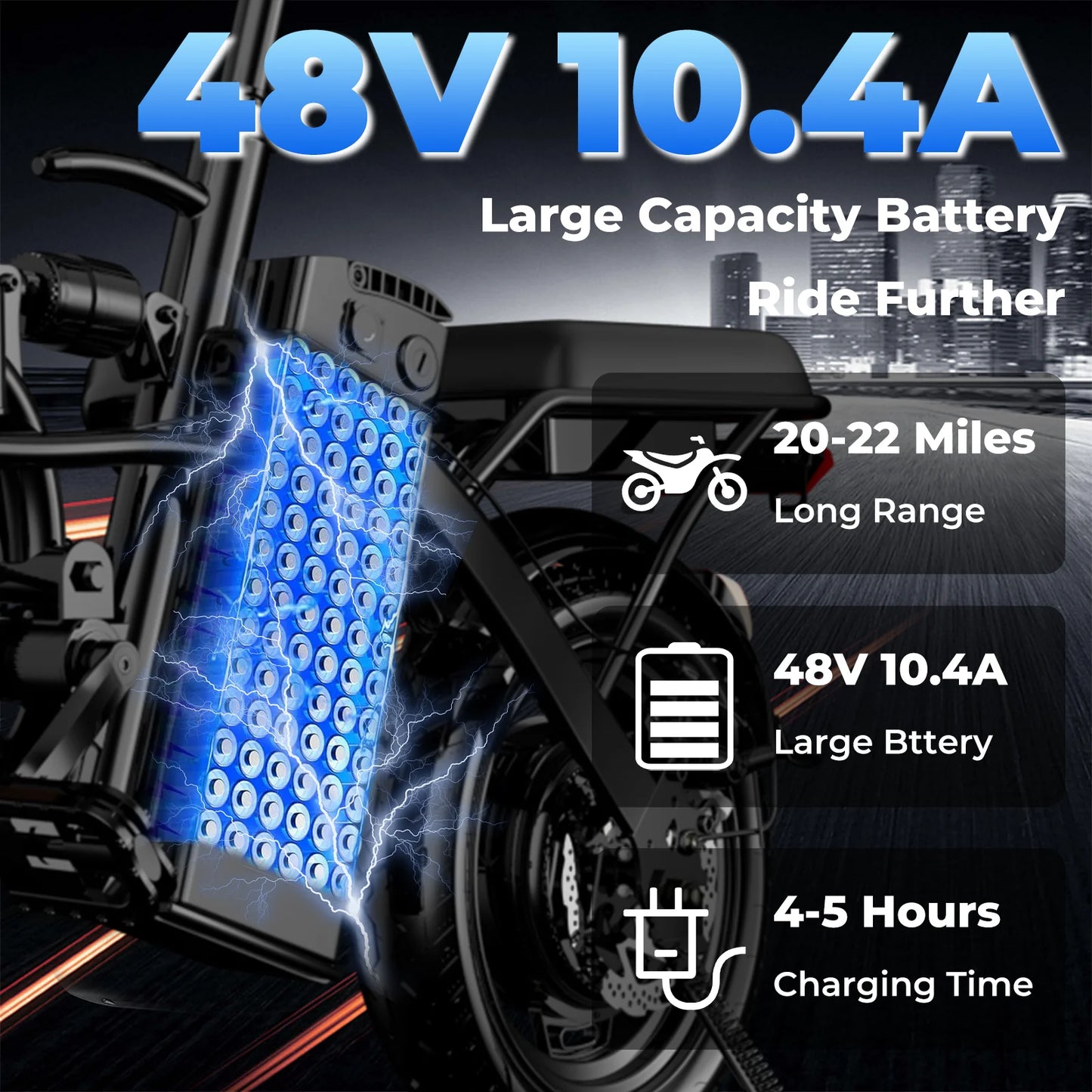 Folding electric bike with 48V 10.4A battery offering long range of 20-22 miles, charging in 4-5 hours.