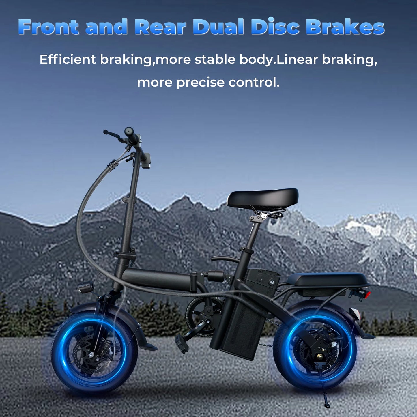 Folding electric bike featuring front and rear dual disc brakes for efficient braking and better stability.