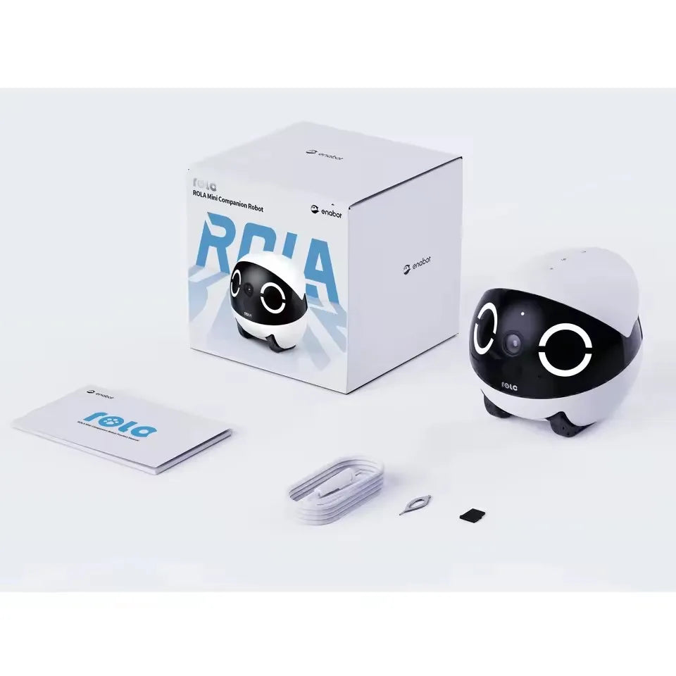 New Enabot Mini Pet Companion Robot in packaging with accessories and manual.