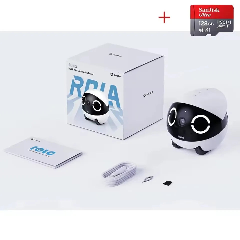 New Enabot Mini Pet Companion Robot with packaging, accessories, and memory card visible.