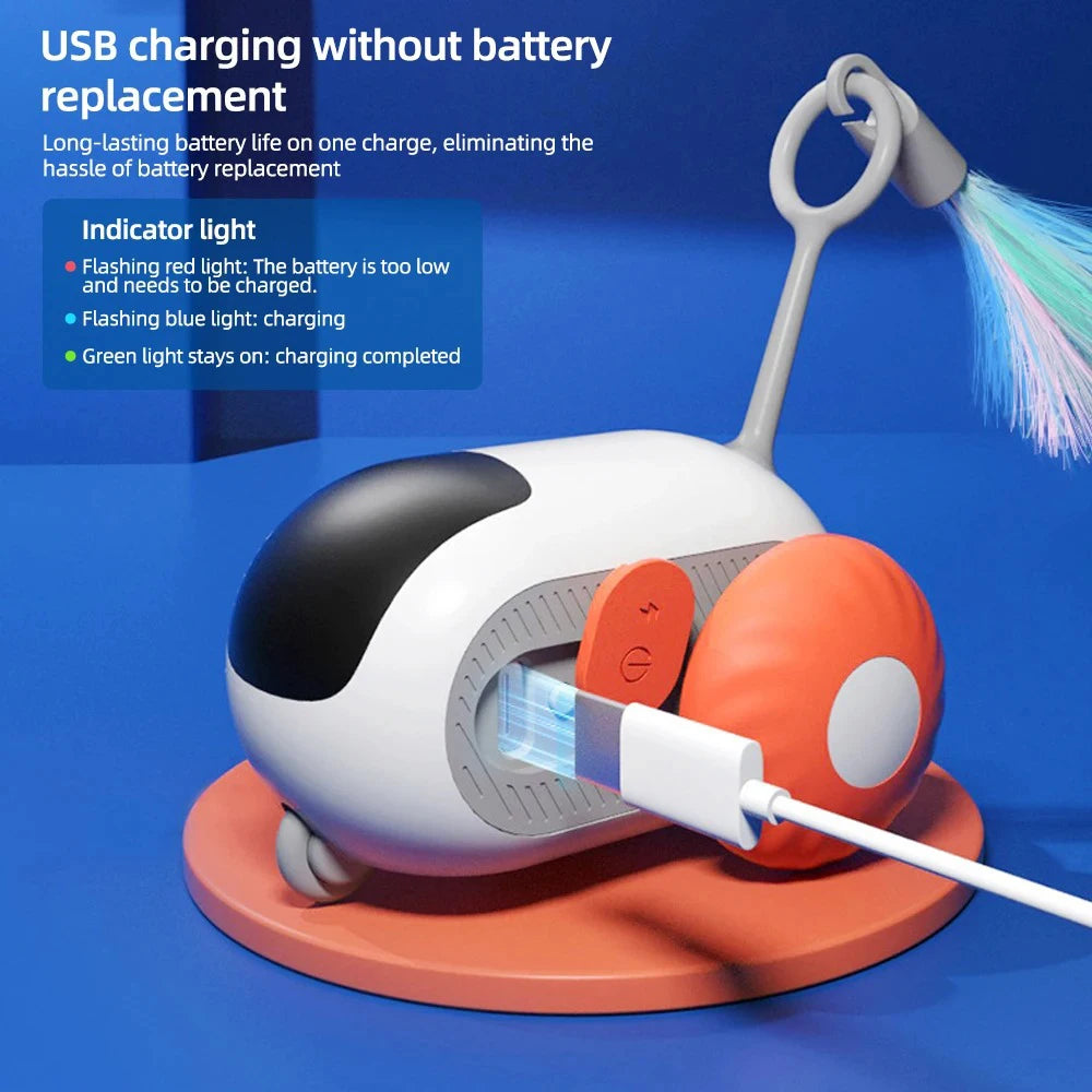 Automatic Rolling Smart Cat Toy Car with USB charging and indicator light for effortless battery life.