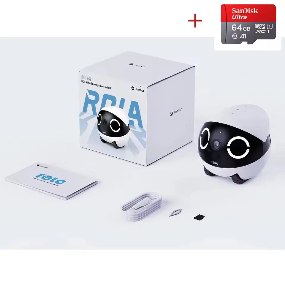 New Enabot Mini Pet Companion Robot with packaging, accessories, and memory card shown.