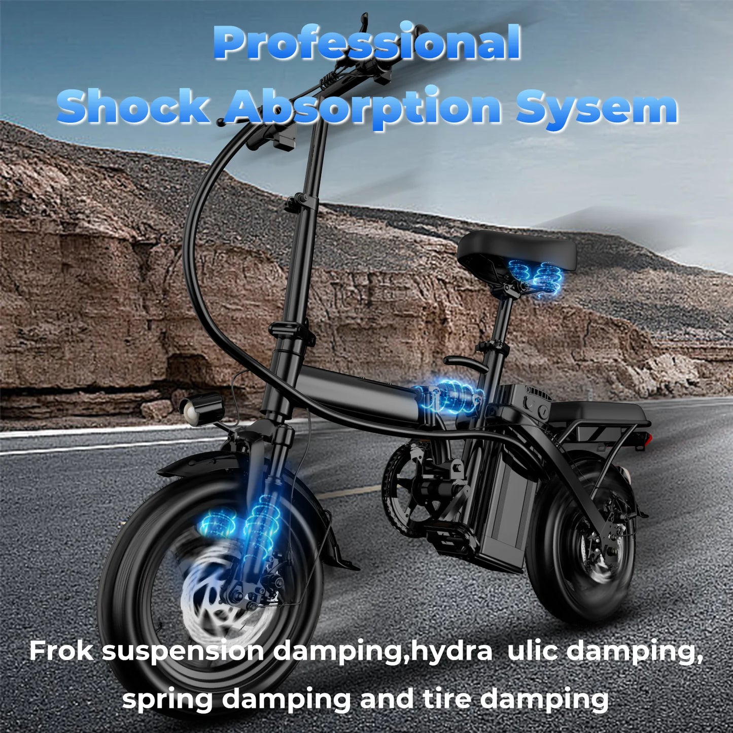 Folding electric bike with a professional shock absorption system for smooth rides during commutes and adventures.