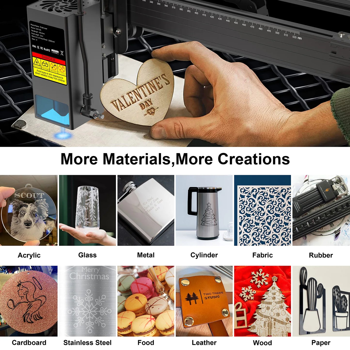 TS2 20W Laser Engraver creating designs on various materials like wood, metal, and fabric.