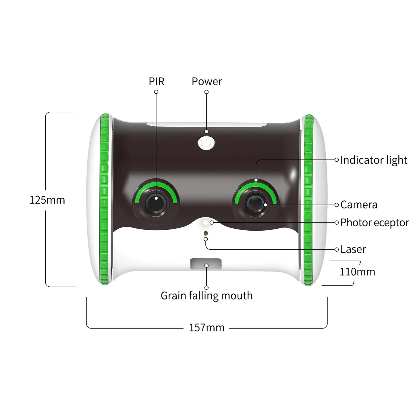 Little Puffer Robot Pet Feeder top view showing features like camera, indicator light, and grain falling mouth.
