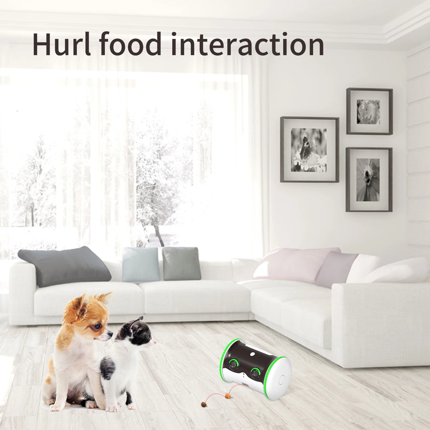 Little Puffer Robot Pet Feeder in a living room with a dog and cat, engaging in food interaction.