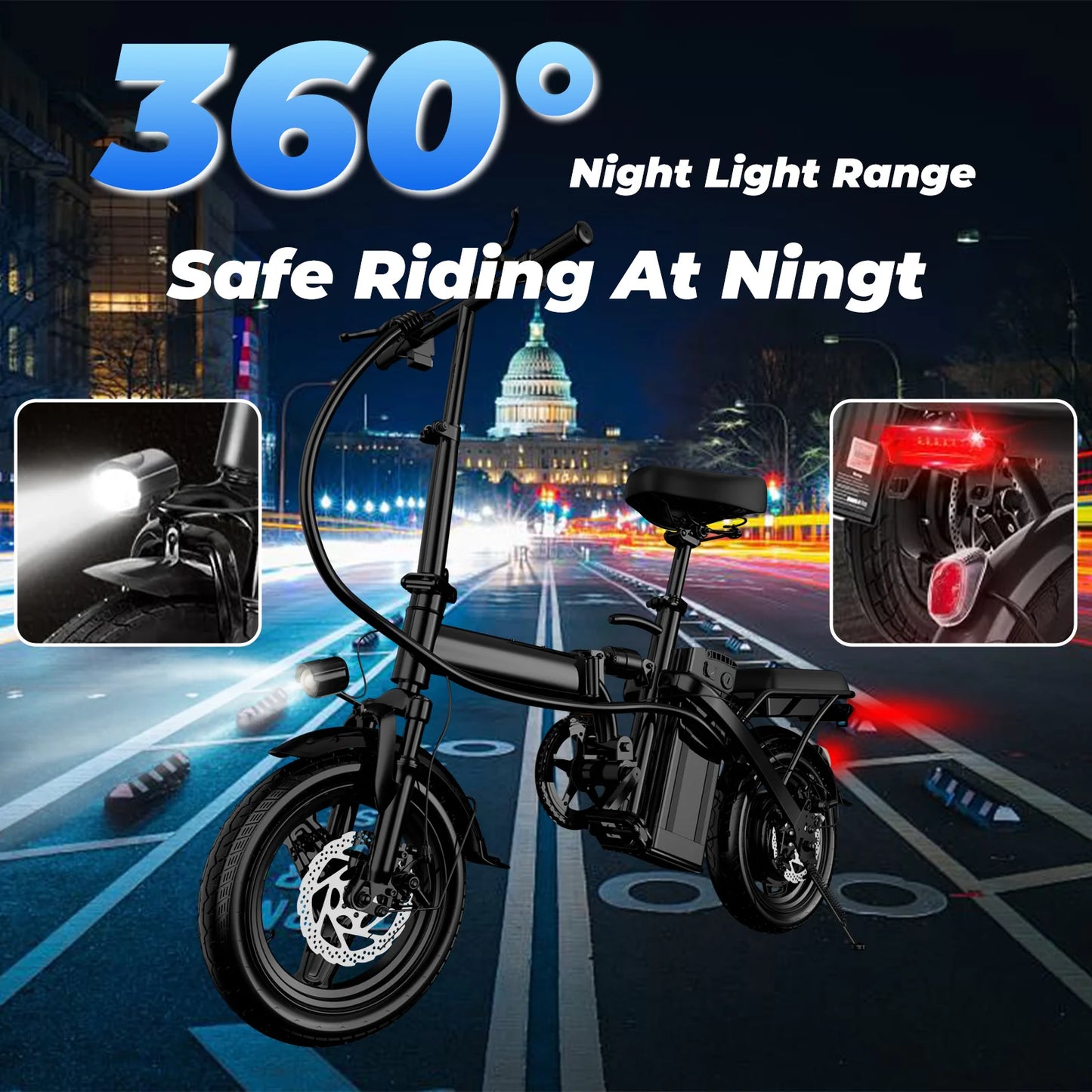 Folding electric bike with 360° night light range for safe riding at night on city streets.