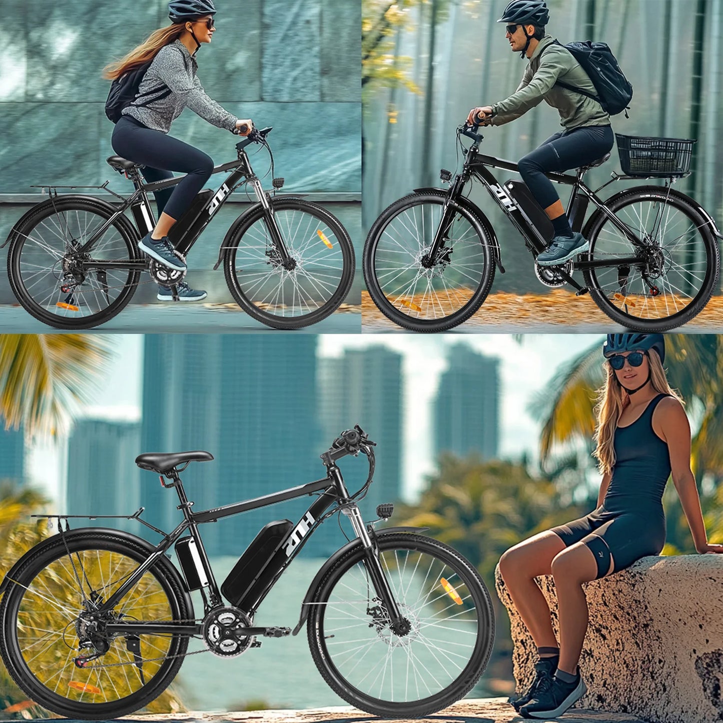Three cyclists enjoying the 48V electric bike for commuting in urban and scenic settings.