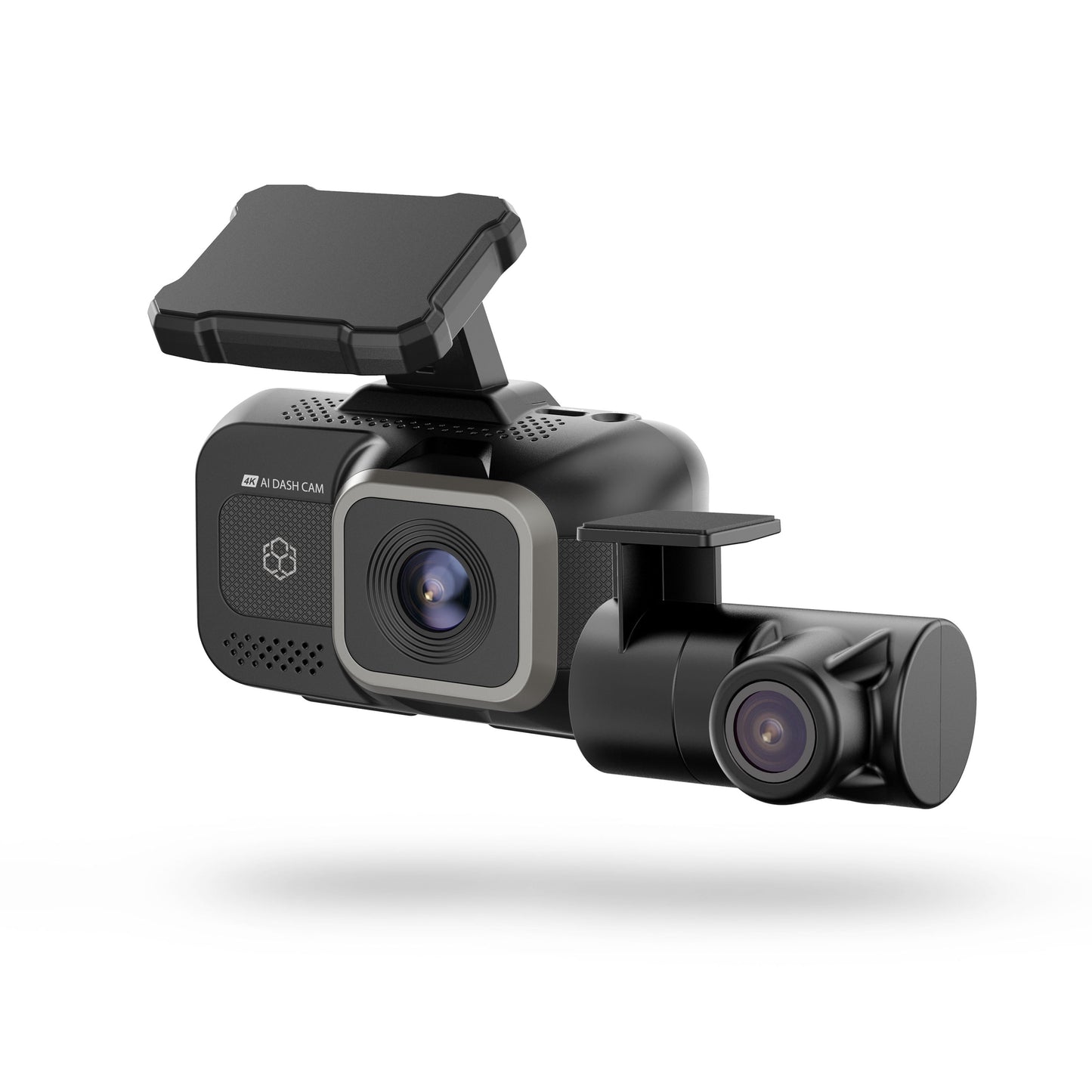 4K AI dash cam with rear camera showing front and rear modules for clear video recording of drives.