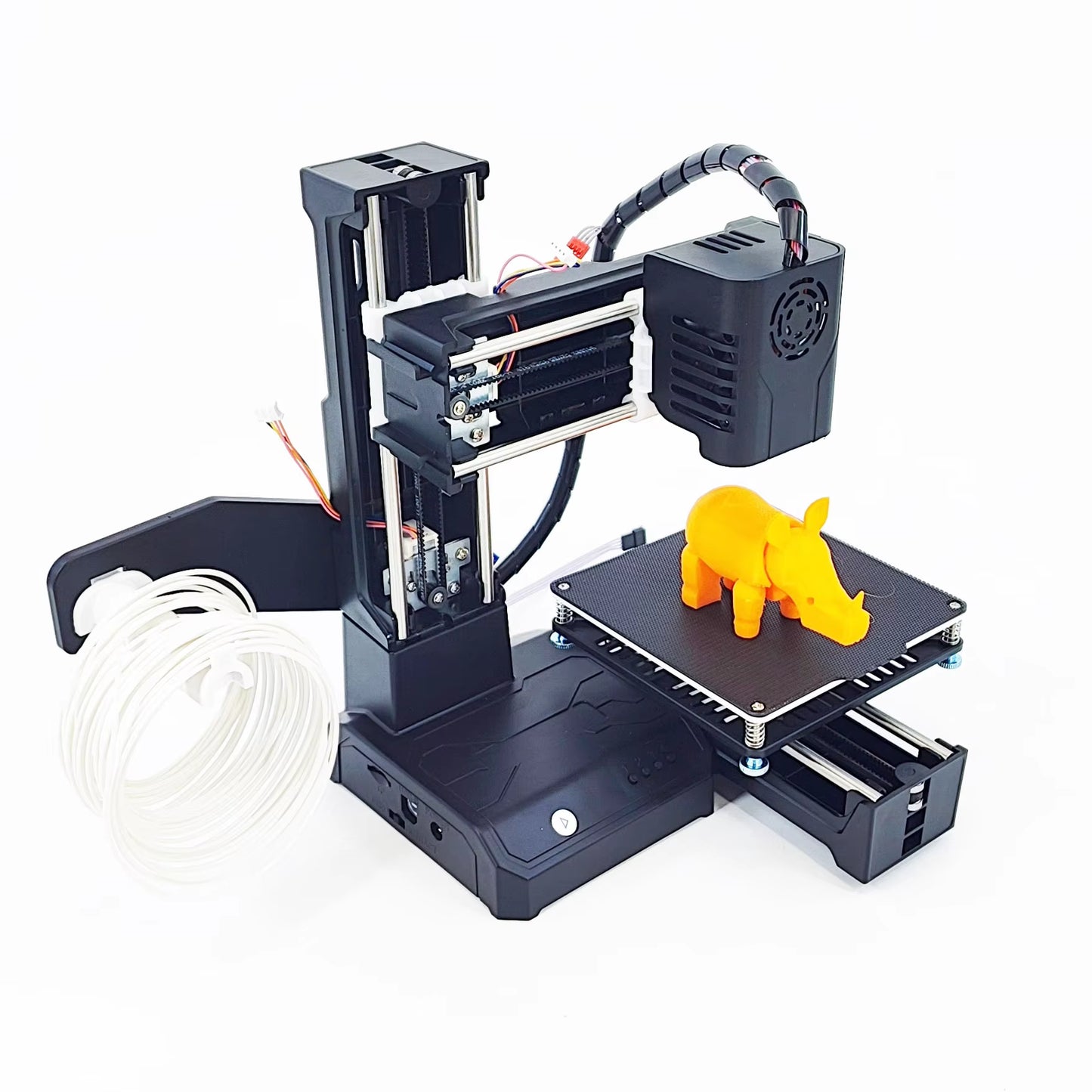 entry-level Mini 3D printer producing a vibrant yellow elephant model on a smooth surface.