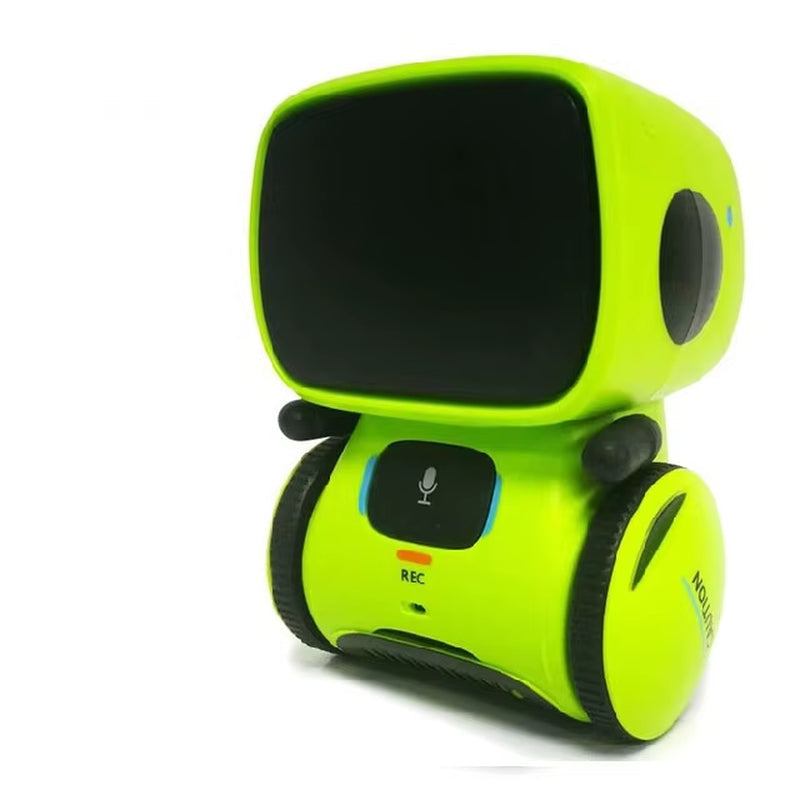 interactive smart robot for kids with a bright green design, microphone, and playful screen for interactive fun.