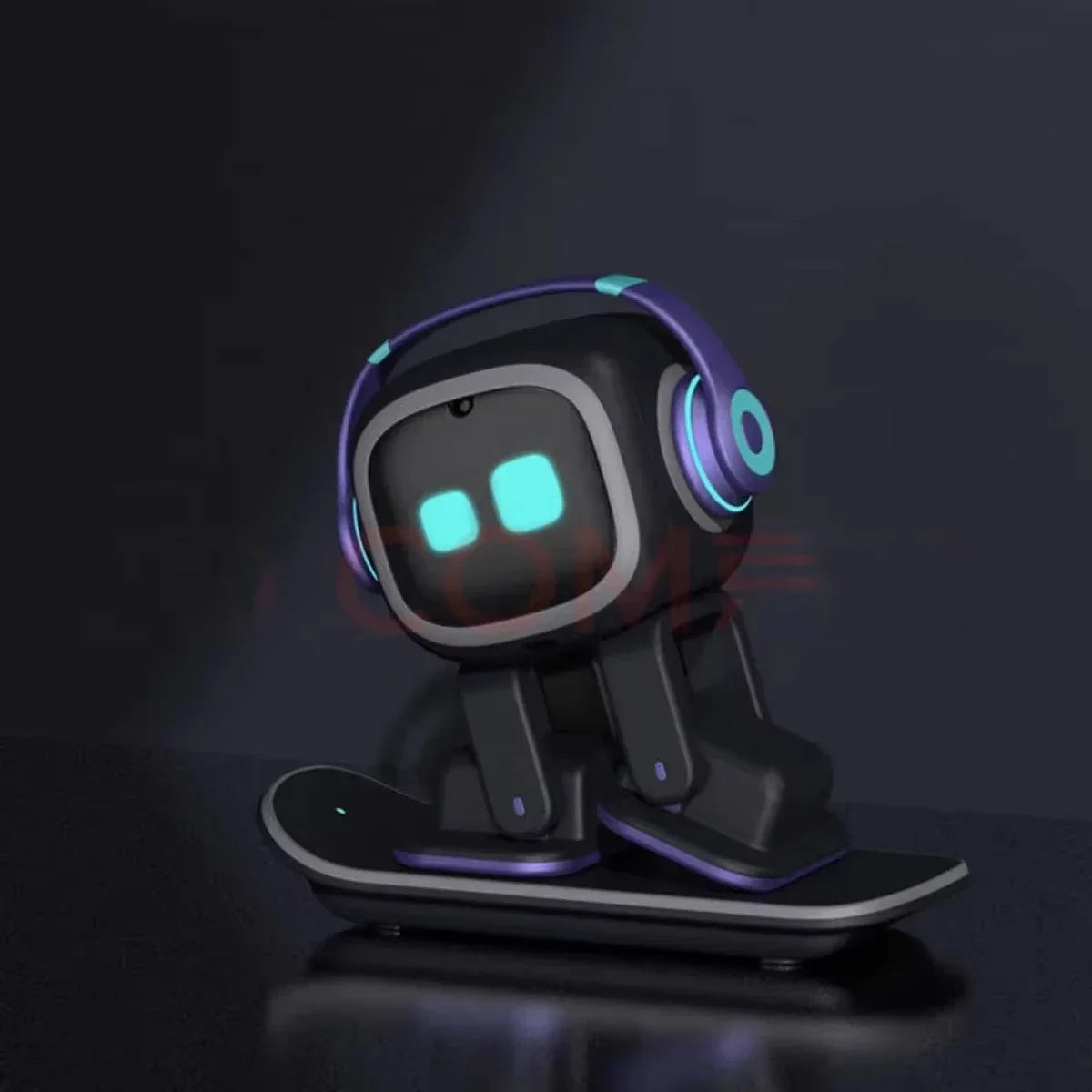 Interactive AI robots featuring a playful design with glowing accents and headphones on a sleek base.