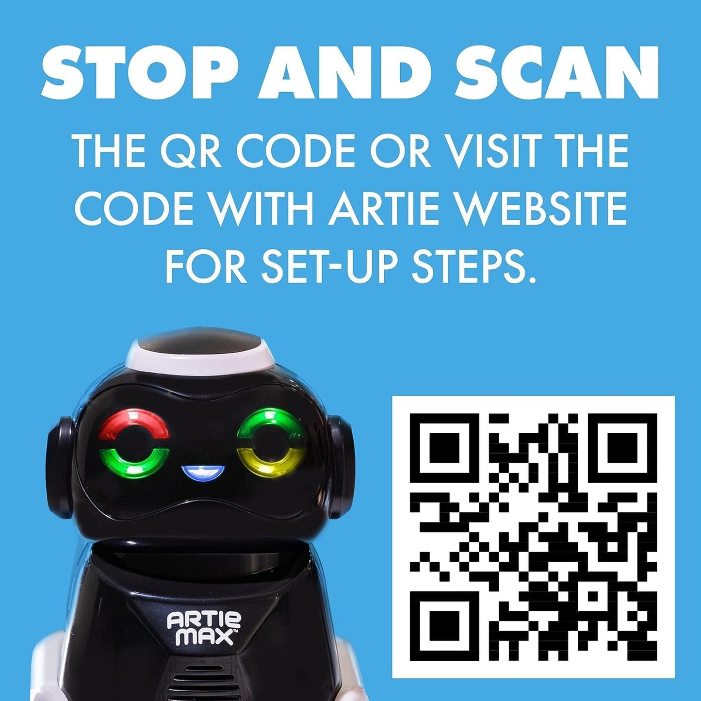 coding drawing robot STEM toy with QR code for setup instructions and colorful lights on a blue background.