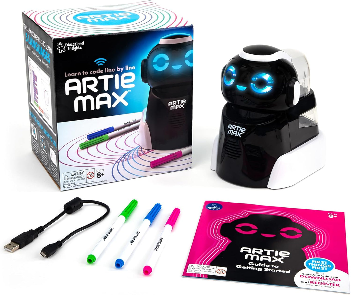 Coding drawing robot STEM toy Artie Max with color pens and guide for educational coding fun.