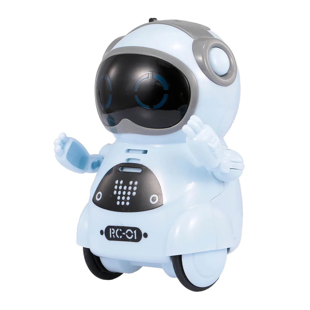 Interactive pocket robot toys with blinking LEDs and smooth wheels for fun learning.