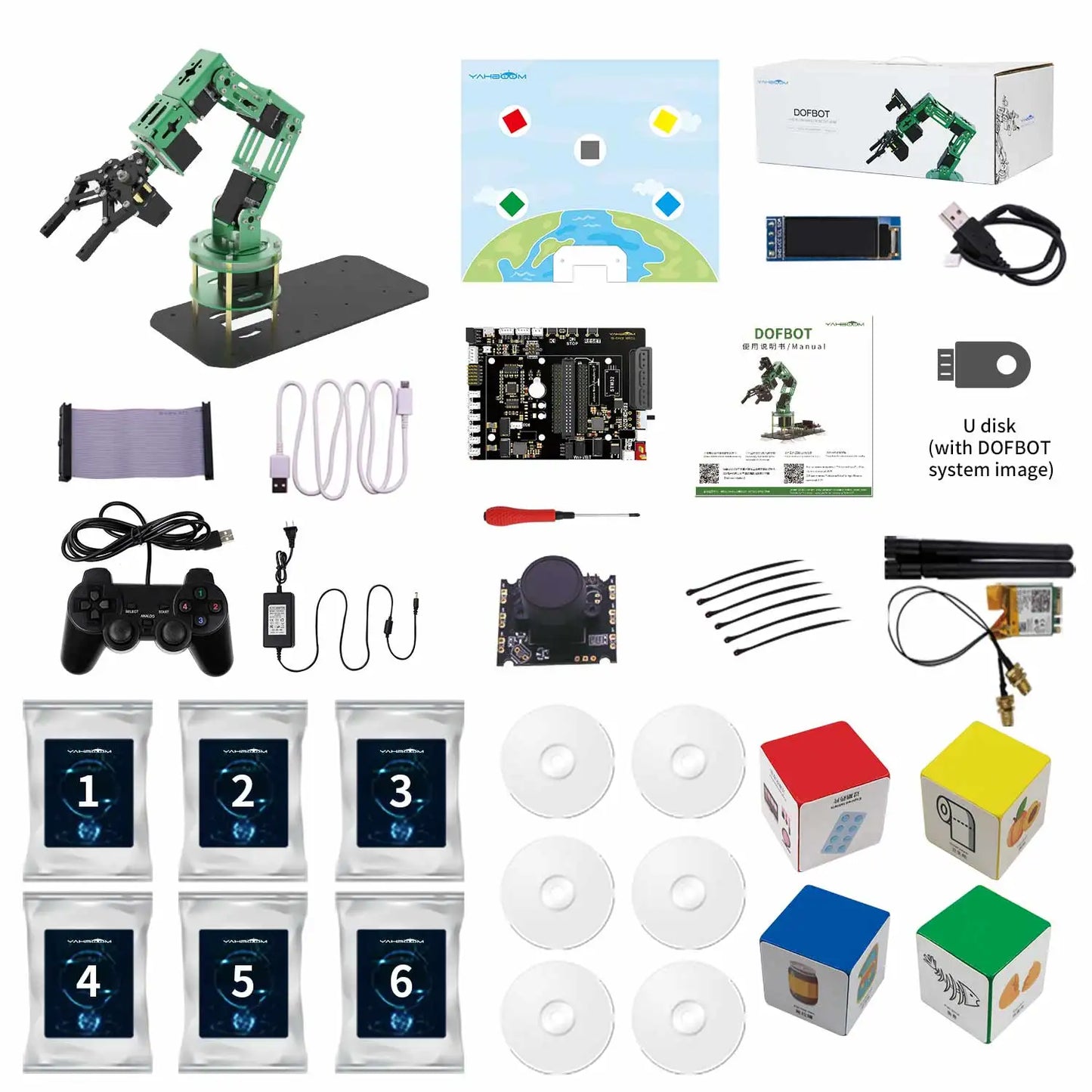 AI robotic arm kit including components for robotics projects, gripper, controller, and accessories.