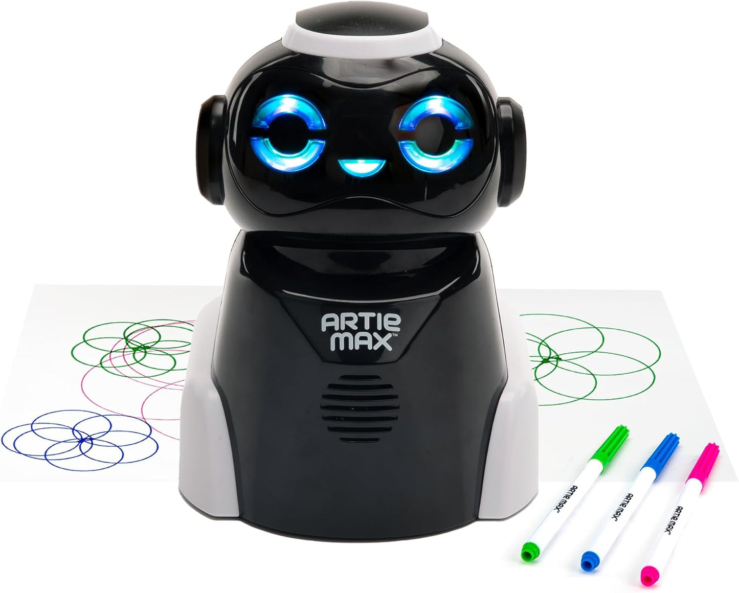 Coding drawing robot STEM toy showcasing Artie Max with colorful drawings on paper.