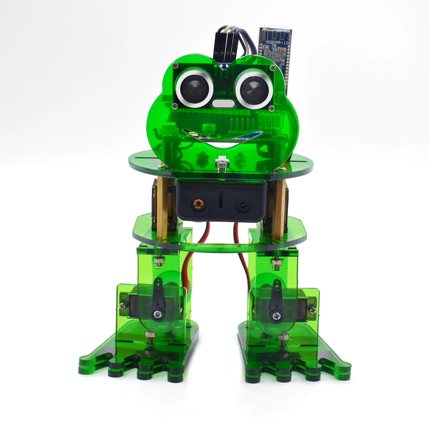 DIY Frog Robot kit with green transparent body, blinking LED eyes, and movable legs for kids and beginners.