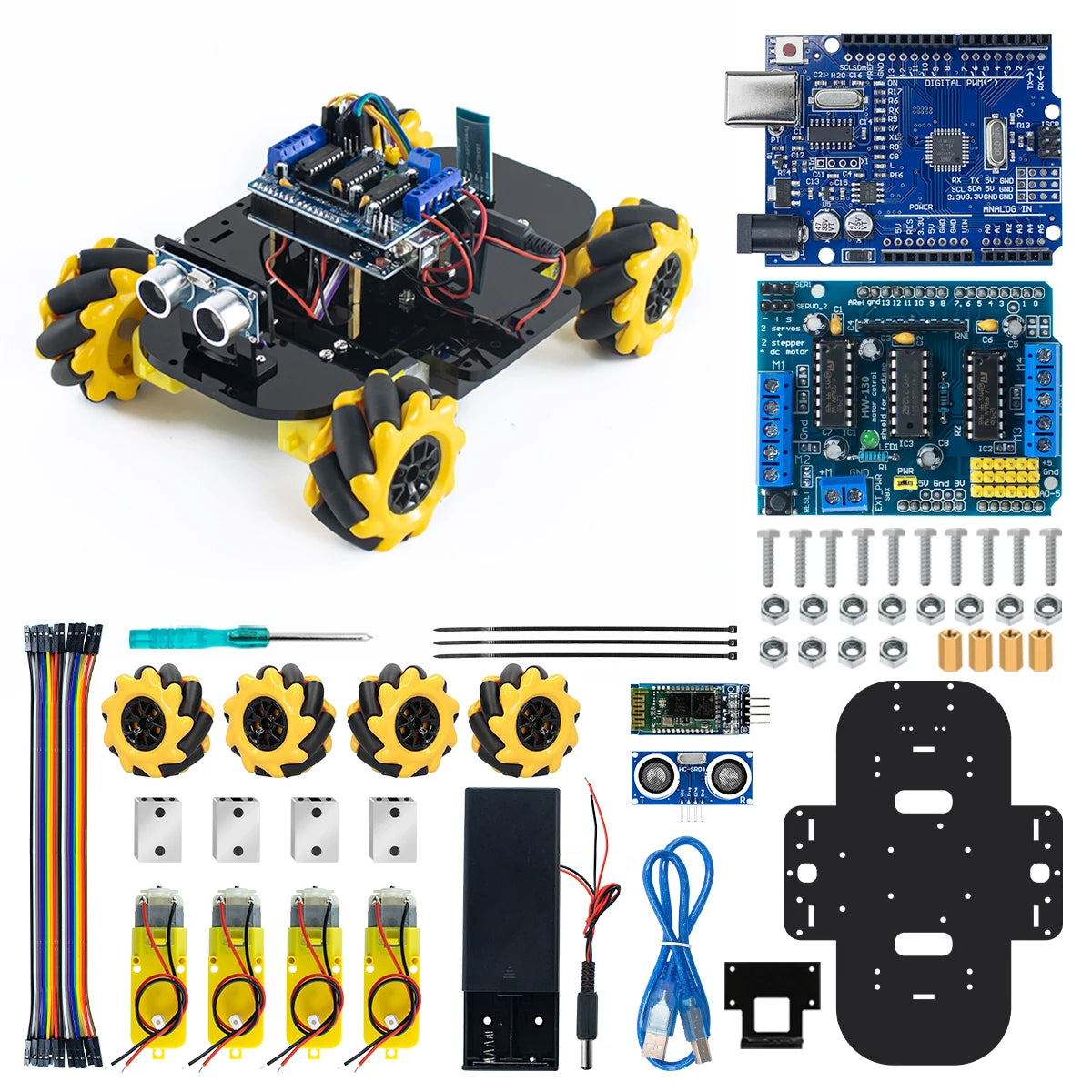 Arduino robot kit for beginners components, including chassis, motors, sensors, and control board.