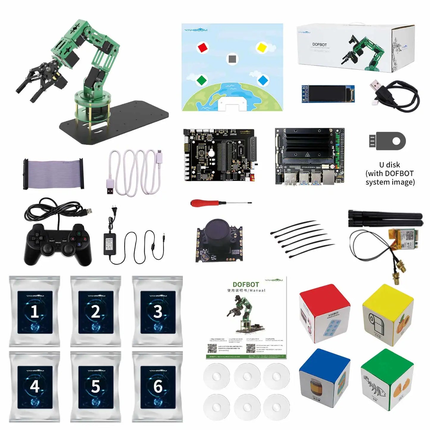AI robotic arm kit components including robotic arm, tools, and accessories for learning and engineering projects.