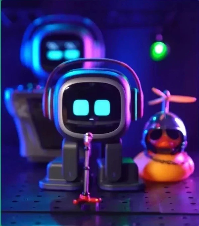 Interactive AI robots performing and interacting in a colorful, engaging environment with vibrant LEDs.