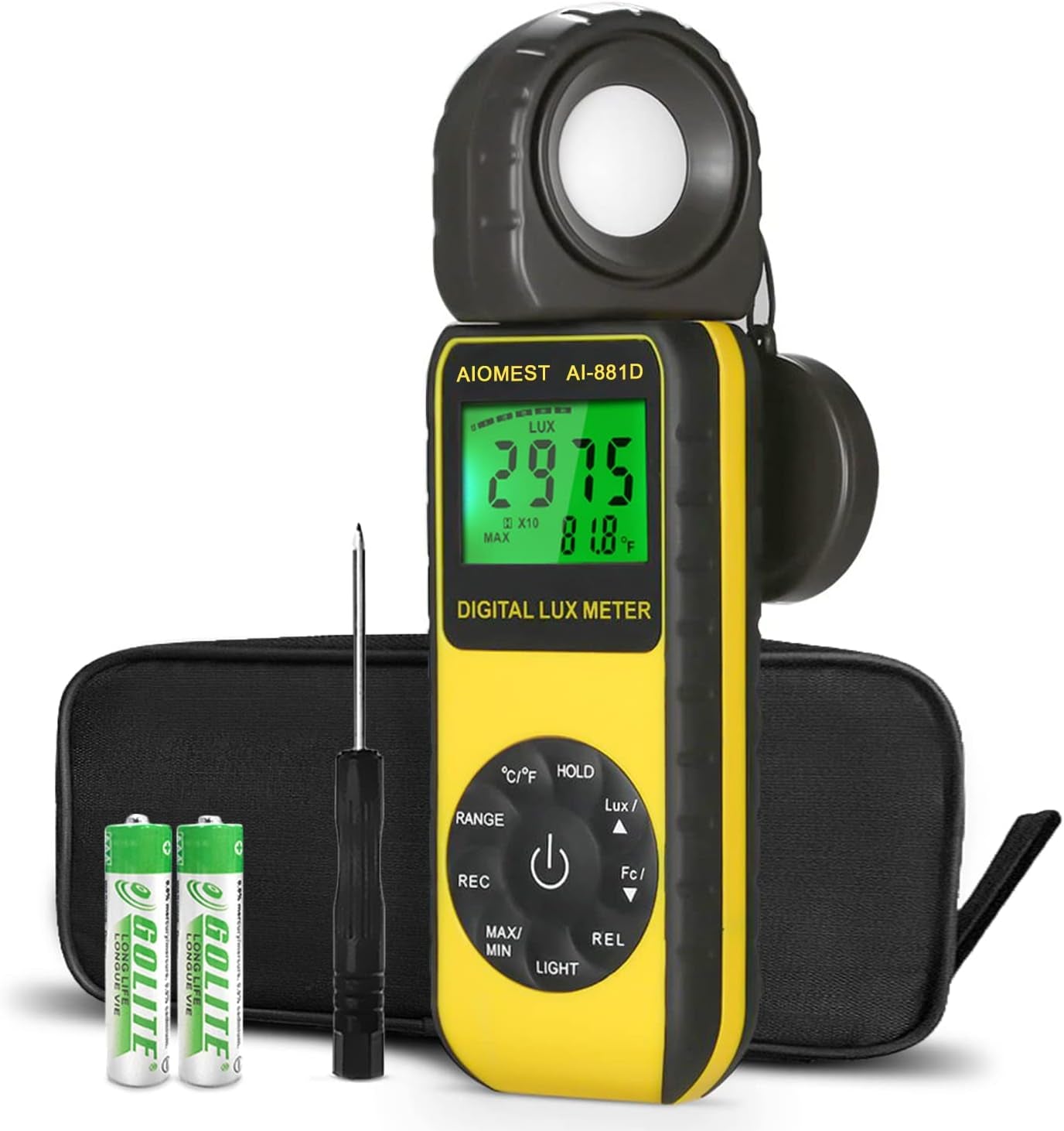 handheld lux meter for plant lighting with clear digital display and included accessories.