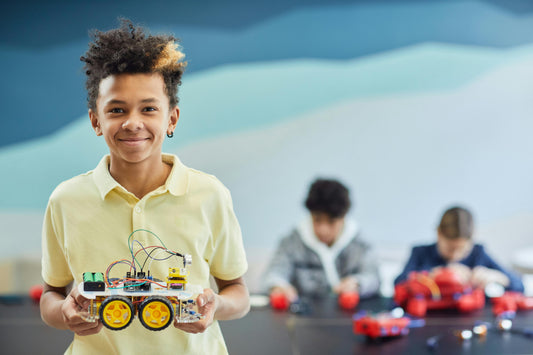 Child interacting with an AI robot companion for learning