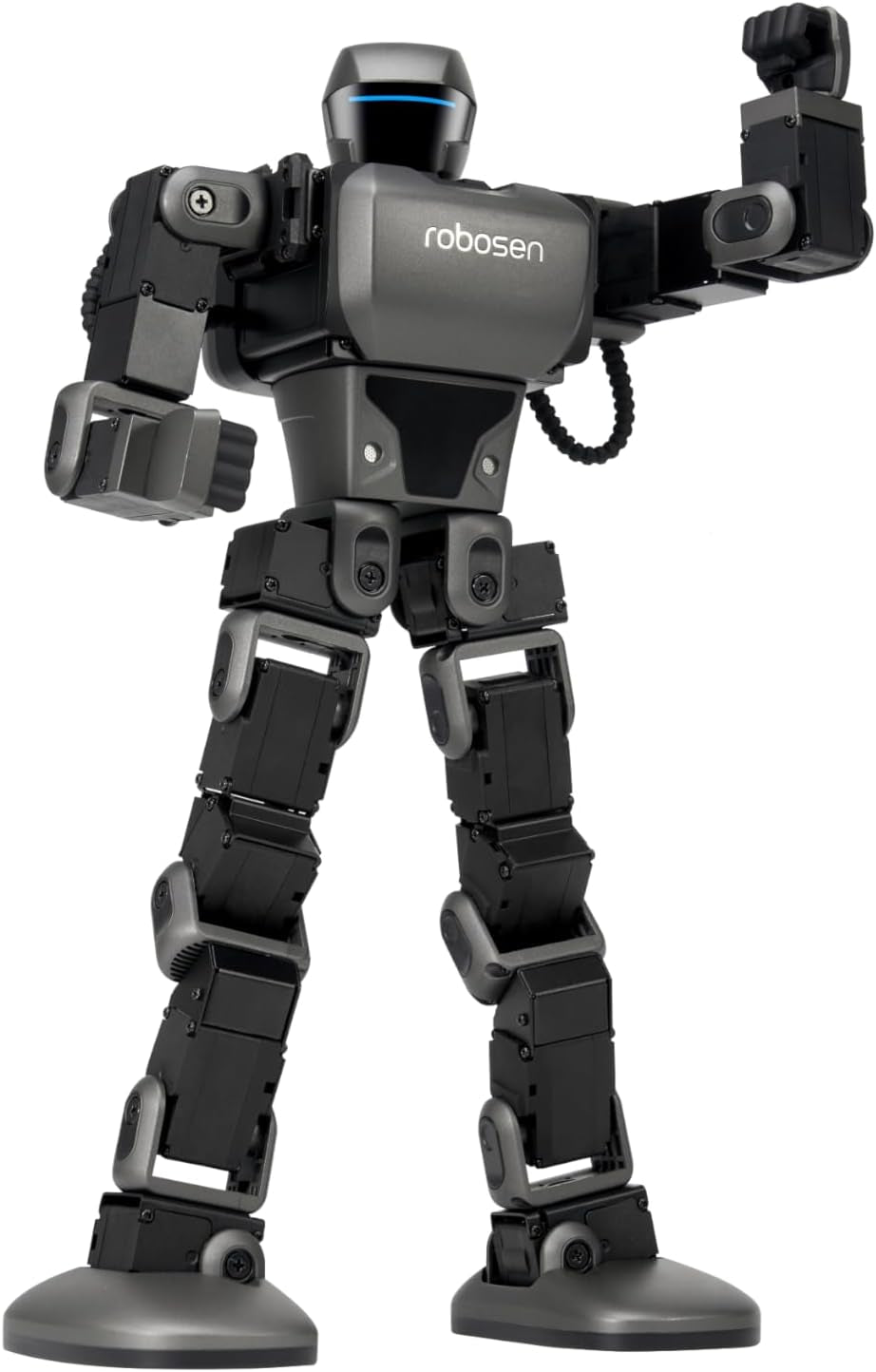 Lightweight voice control device robot with articulated limbs and a sleek design, poised for action.