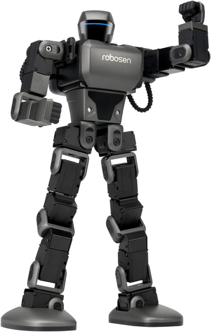 Lightweight voice control device robot with articulated limbs and a sleek design, poised for action.