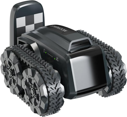 All-terrain mobile camera robot with grippy tires for monitoring yard and job sites.