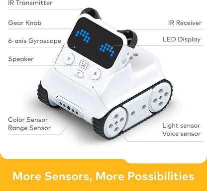 coding robot toy for children with various sensors and interactive features for learning programming and robotics.