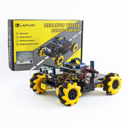 Arduino robot kit for beginners with Mecanum wheels for smooth movement and directional control.
