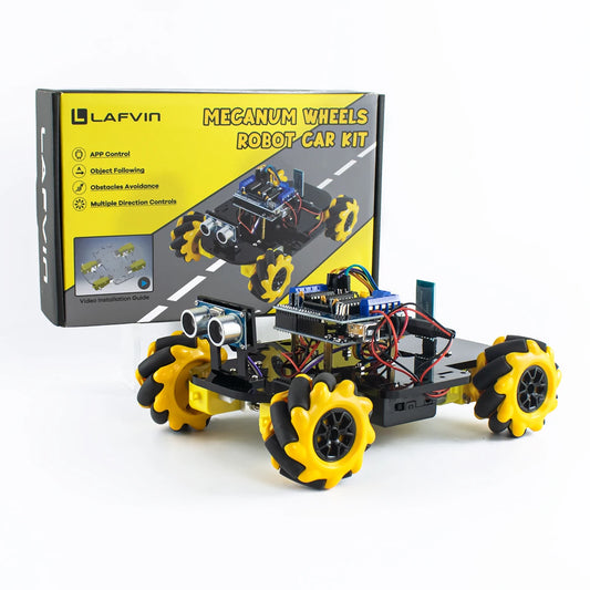 Arduino robot kit for beginners with Mecanum wheels for smooth movement and directional control.