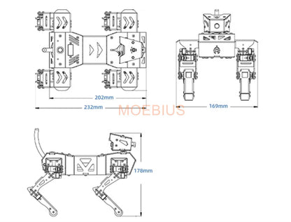 Schematic diagram of a quadruped robot dog with measurements for design and engineering specifications.