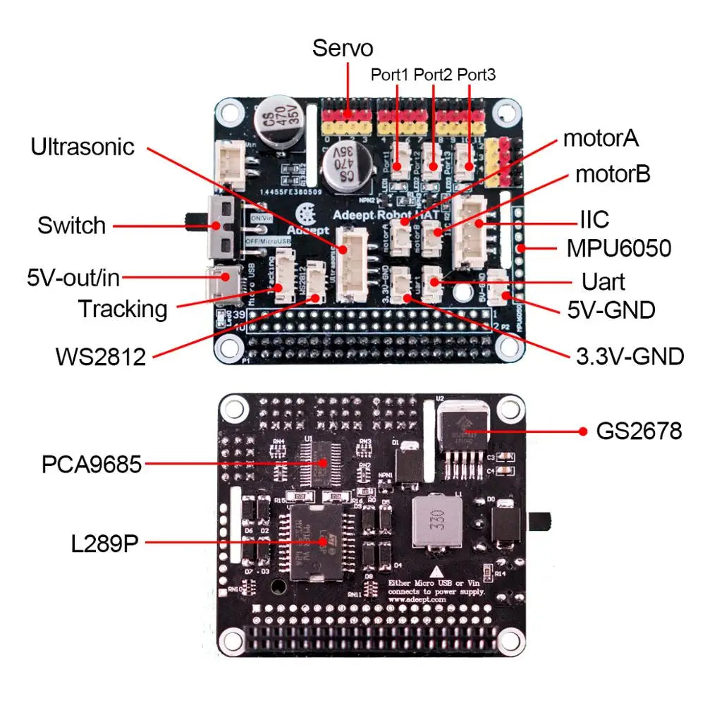 Circuit board diagram for bionic spider robot kit with labeled components including servo, ultrasonic, and PCA9685.