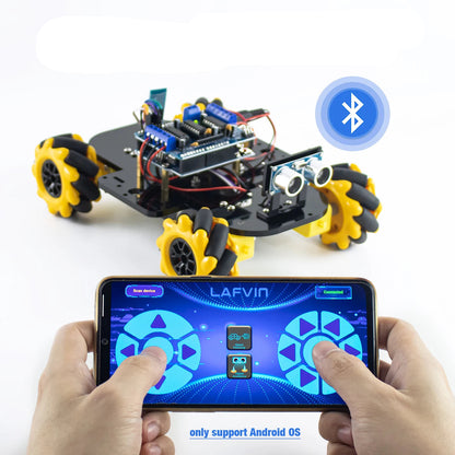 Arduino robot kit for beginners with smartphone app control and Bluetooth connectivity.
