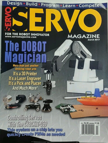 K12 STEM educational magician kit featured on the cover of SERVO Magazine, showcasing robotics and learning opportunities.