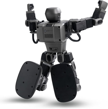 Lightweight voice control device, a smart portable assistant with robotic arms and legs raised.