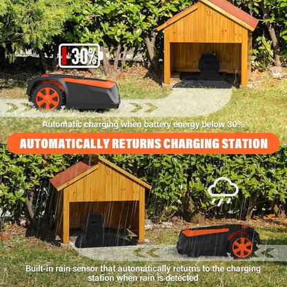 Automatic robot lawn mower with charging station and rain sensor features for efficient lawn care.