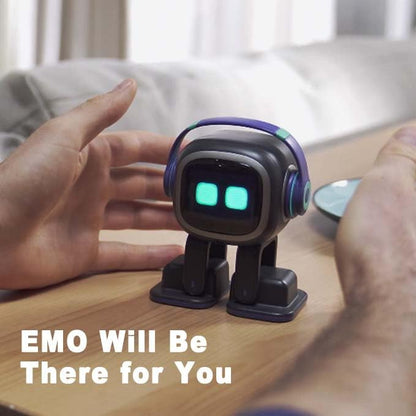 Emo ChatGPT-Enabled AI Desk Robot Companion interacting with a user on a wooden desk.