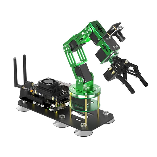 AI robotic arm kit showcasing a green robotic arm with gripper and control system for engineering projects.