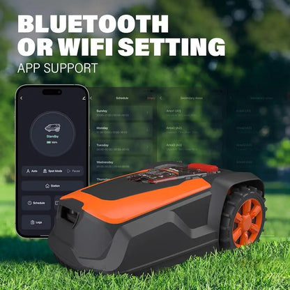 automatic robot lawn mower with Bluetooth and WiFi app support for easy scheduling and settings