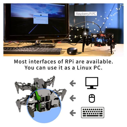 Bionic spider robot kit displayed with Raspberry Pi PC, showcasing interface compatibility and mechanical features.