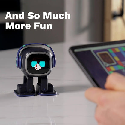 Emo ChatGPT-Enabled AI Desk Robot Companion interacting with a tablet for fun activities.