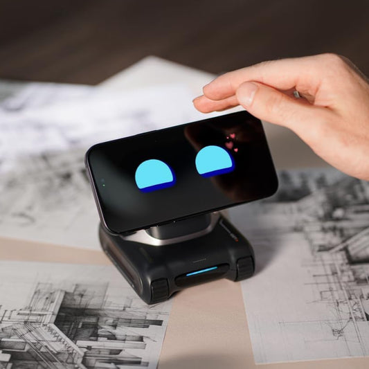 Smart AI desktop companion interacting with a user, showcasing its expressive LED features.