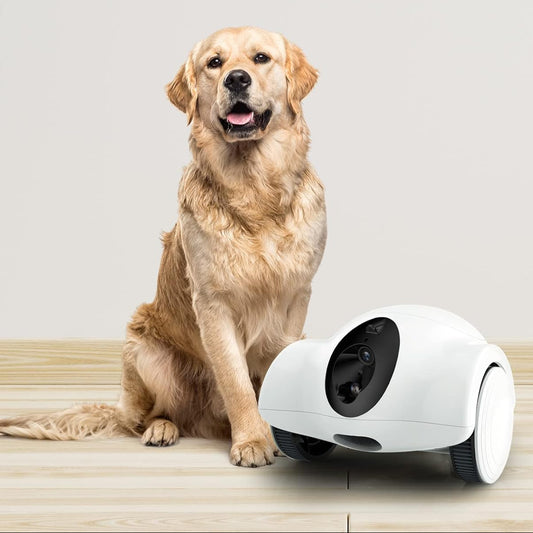 Smart Pet Robot Camera with Treat Dispenser next to a golden retriever on wooden floor.