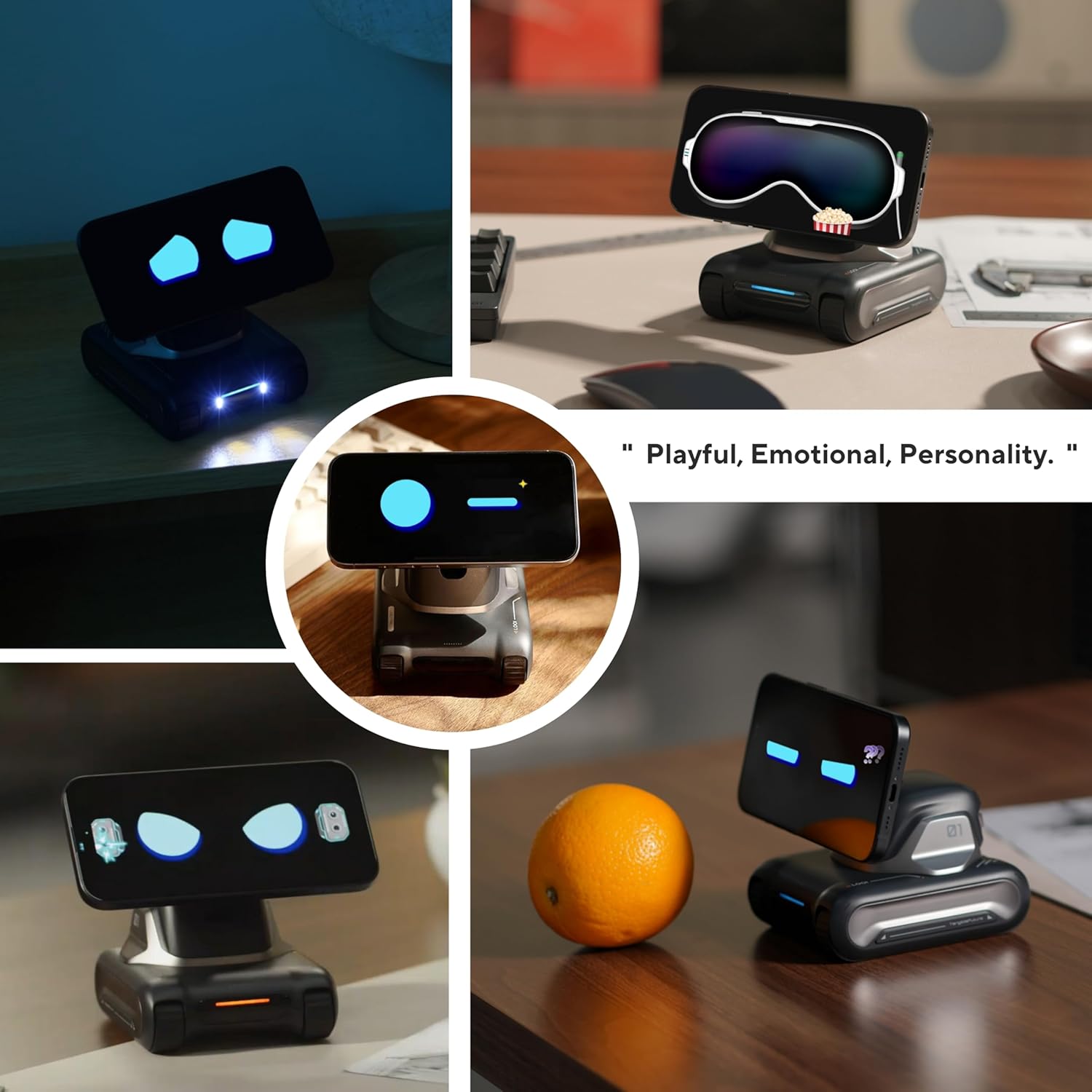 Smart AI desktop companion interacting with objects, showcasing its playful and emotional personality through expressive LEDs.